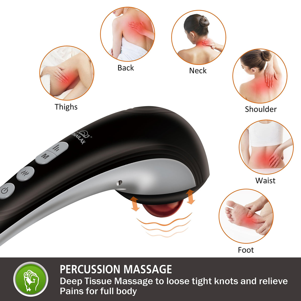 Snailax Cordless Handheld Back Massager - Rechargeable Percussion Massage with Heat, FSA HSA Eligible, Deep Tissue Massager for Neck Shoulder Waist Leg Foot Back, Portable Wand Massager for Full Body