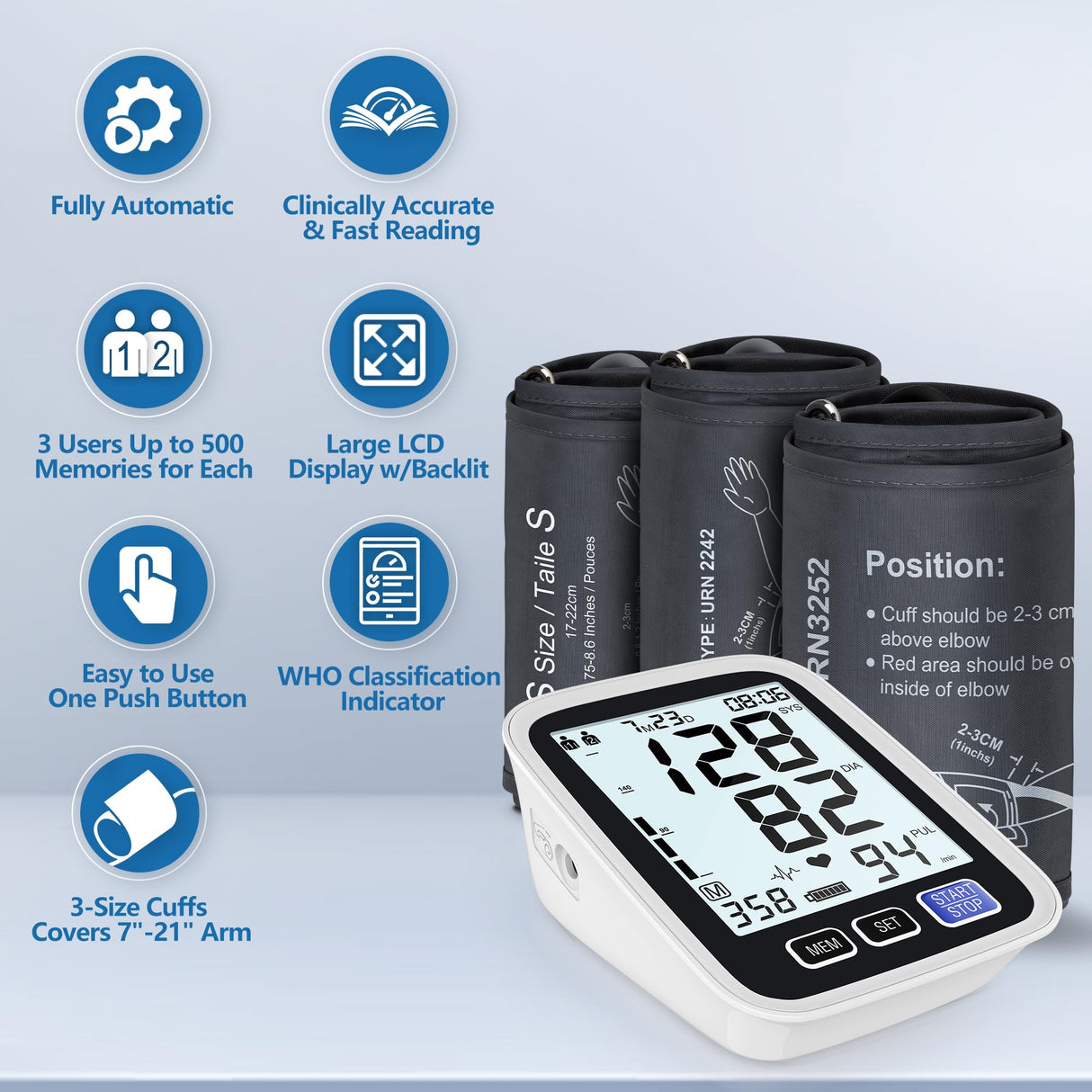 Blood Pressure Machine Upper Arm, 3 Size Cuffs, Small 7"-9", Medium/Large 9"-17" and Extra Large XL Cuff 13"-21", Accurate Automatic Digital BP Cuff Home Use, Large Backlit BP Monitor 3-User 1500 Mem