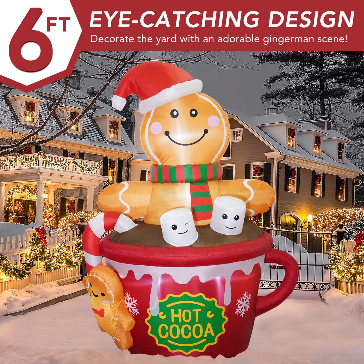 ZPISF 6 FT Christmas Inflatables Outdoor Decorations, Cute Christmas Blow Up Yard Decorations Gingerbread Man in Hot Cocoa Mug Scene for Garden Lawn Xmas Decor
