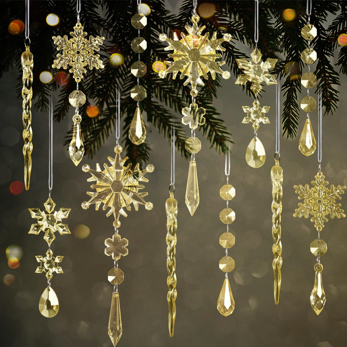 18pcs Crystal Christmas Ornaments for Christmas Tree Decorations-Gold Hanging Acrylic Snowflake and Icicle Ornaments with Drop Pendants for New Year Party Decorations Supplies