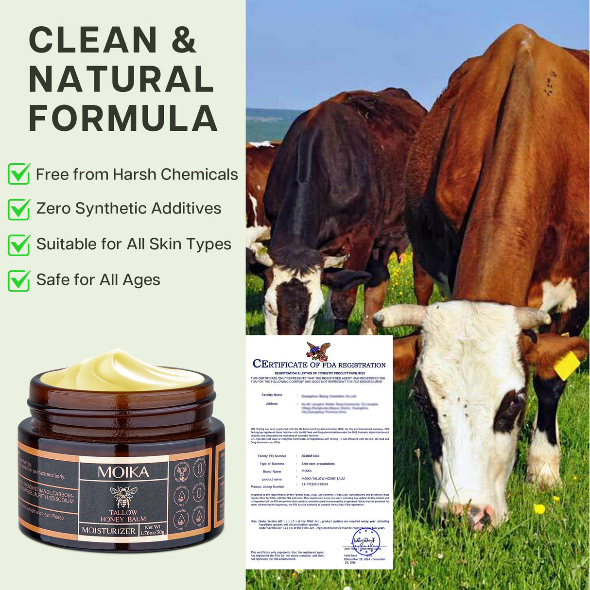 VRAIKO Tallow Honey Balm, Grass-Fed Beef Tallow Raw Honey Organic Olive Oil Moisturizing Cream for Face and Body, Handmade Natural Moisturizer for Soft Smooth Skin, 50g/1.8 oz