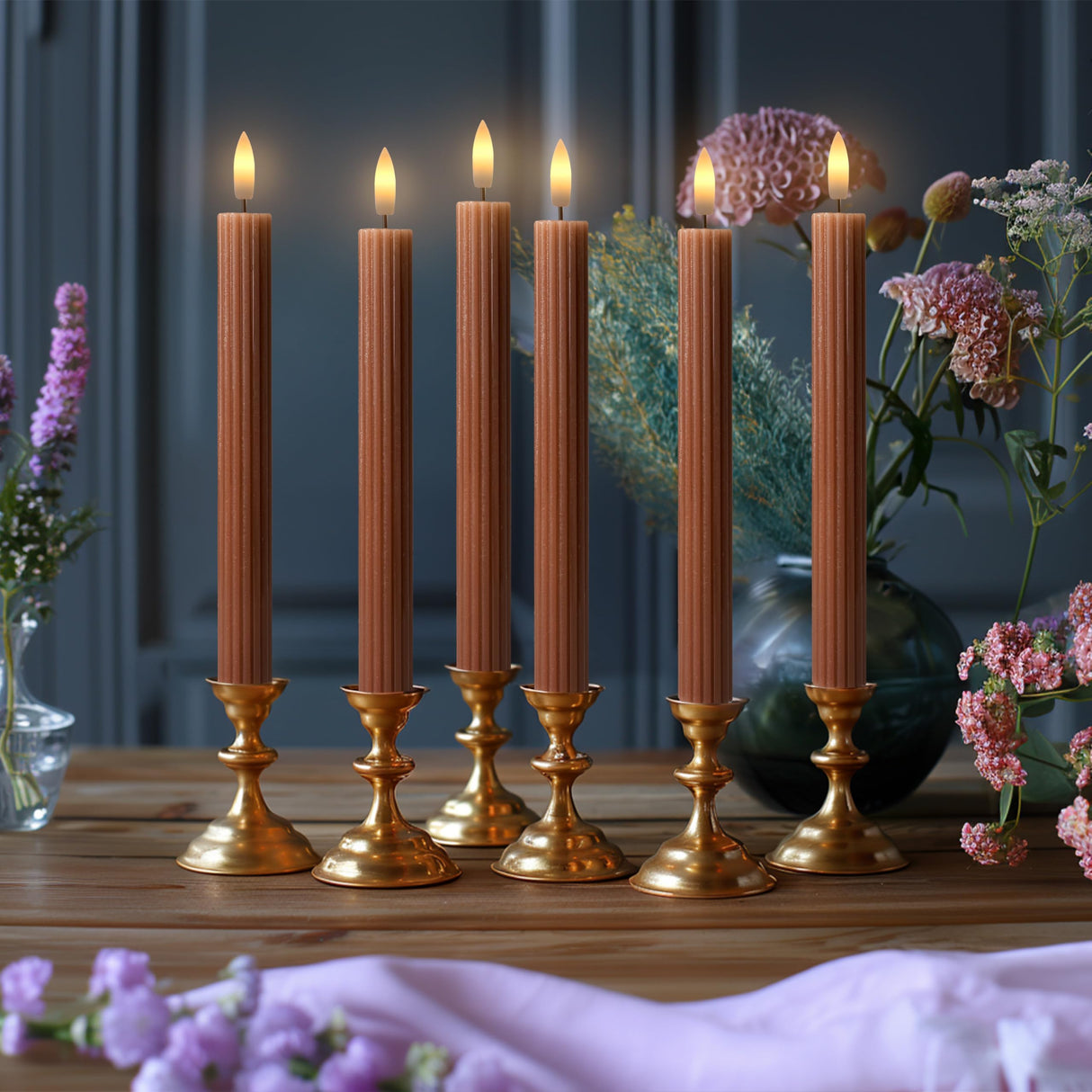 West Ivory 6 Pack, 10" LED Flameless Brown Tan Fluted Ribbed Grooved Taper Candles, Remote & 24h Timer Memory, On/Off Button, Dimmable, Flicker Mode, Battery Operated, Christmas Menorah Wedding