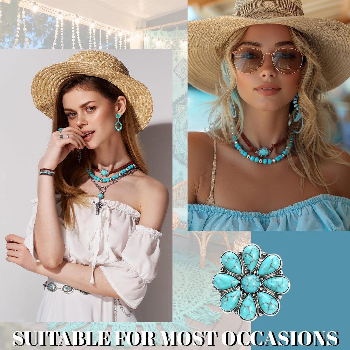 Zhamate 9 Pcs Western Jewelry Boho Turquoise Necklace Bracelet Ring Set