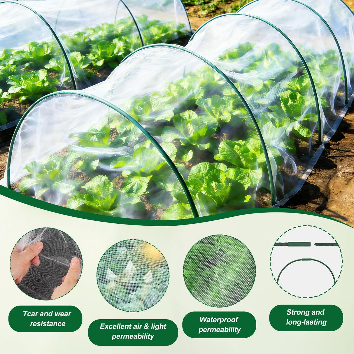 Fippy Garden Netting Kit, 10 X 50FT Garden Netting Pest Barrier with 10 Sets Garden Hoops and 20pcs Clips, Insect Netting Row Cover for Raised Beds Vegetable Fruits Flowers Protection