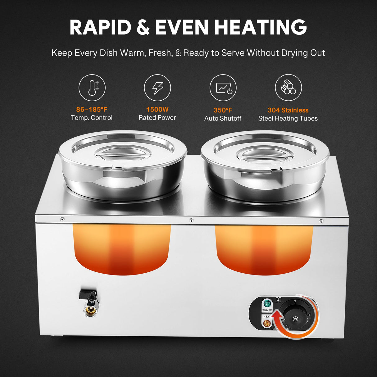 WILPREP Commercial Food Warmer with Two 7.4 QT Inserts, 1500W Countertop Electric Steam Table, 86-185°F Adjustable Temp Control & Over-Temp Protection, Stainless Steel