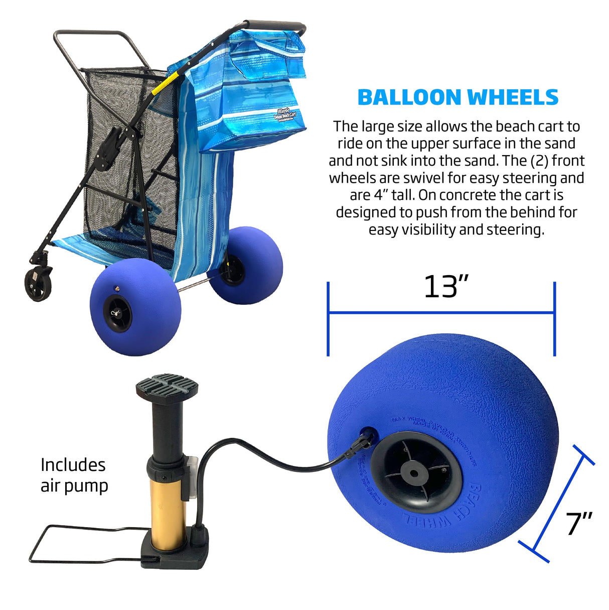 Beach Cart Balloon Wheel Deluxe Heavy Duty Folding Ocean Utility 13” x 7” Sand Wheels Holds 4 Folding Chairs Umbrella Holder Removable Beach Bag Blue Striped Pattern