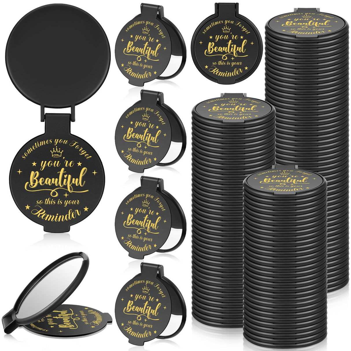 Gulfmew 100 Pcs 2.76 Inch Inspirational Compact Mirror Bulk Party Favors Quinceanera Gift Purse Small Mirror Pocket Mini Gifts for Women Adult Coworker Halloween Christmas Friends (Black)