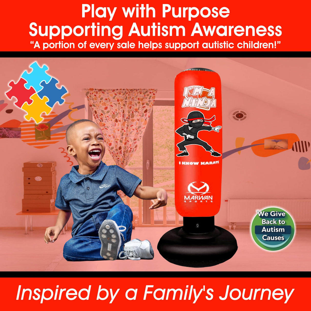 Marwan Sports Kids Punching Bag Toy Set, Inflatable Boxing Bag Toy for Boys Age 3-12, Ninja Toys for Boys, Christmas,Birthday Gifts for Kids 4,5,6,7,8,9,10 Years Old (Red Ninja)