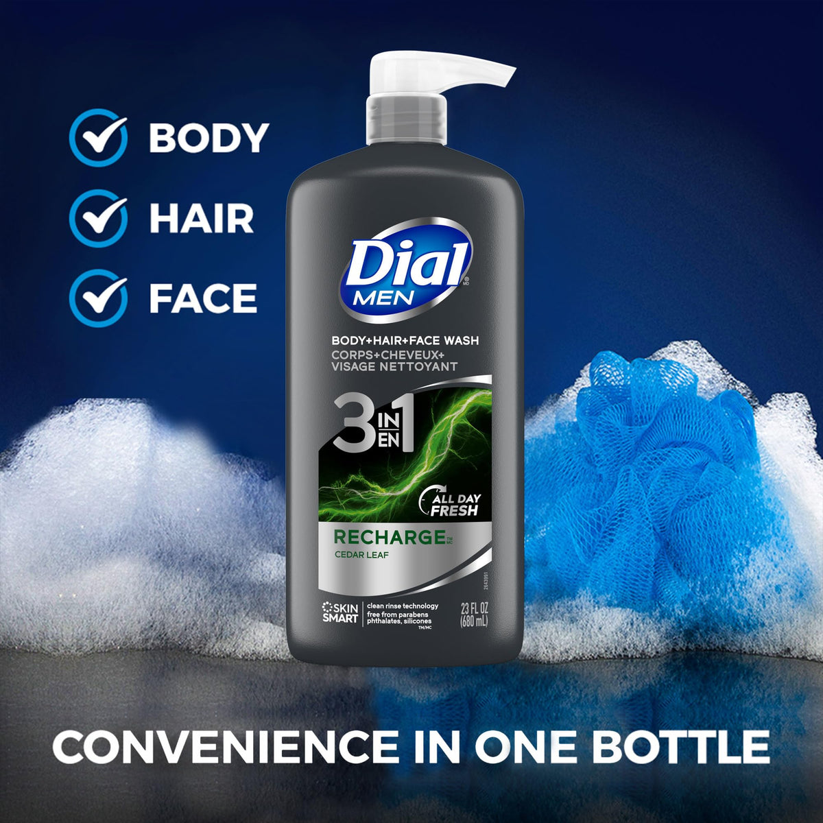 Dial Men 3-in-1 Body, Hair and Face Wash, Recharge, 23 Fl Oz, 3-Pack