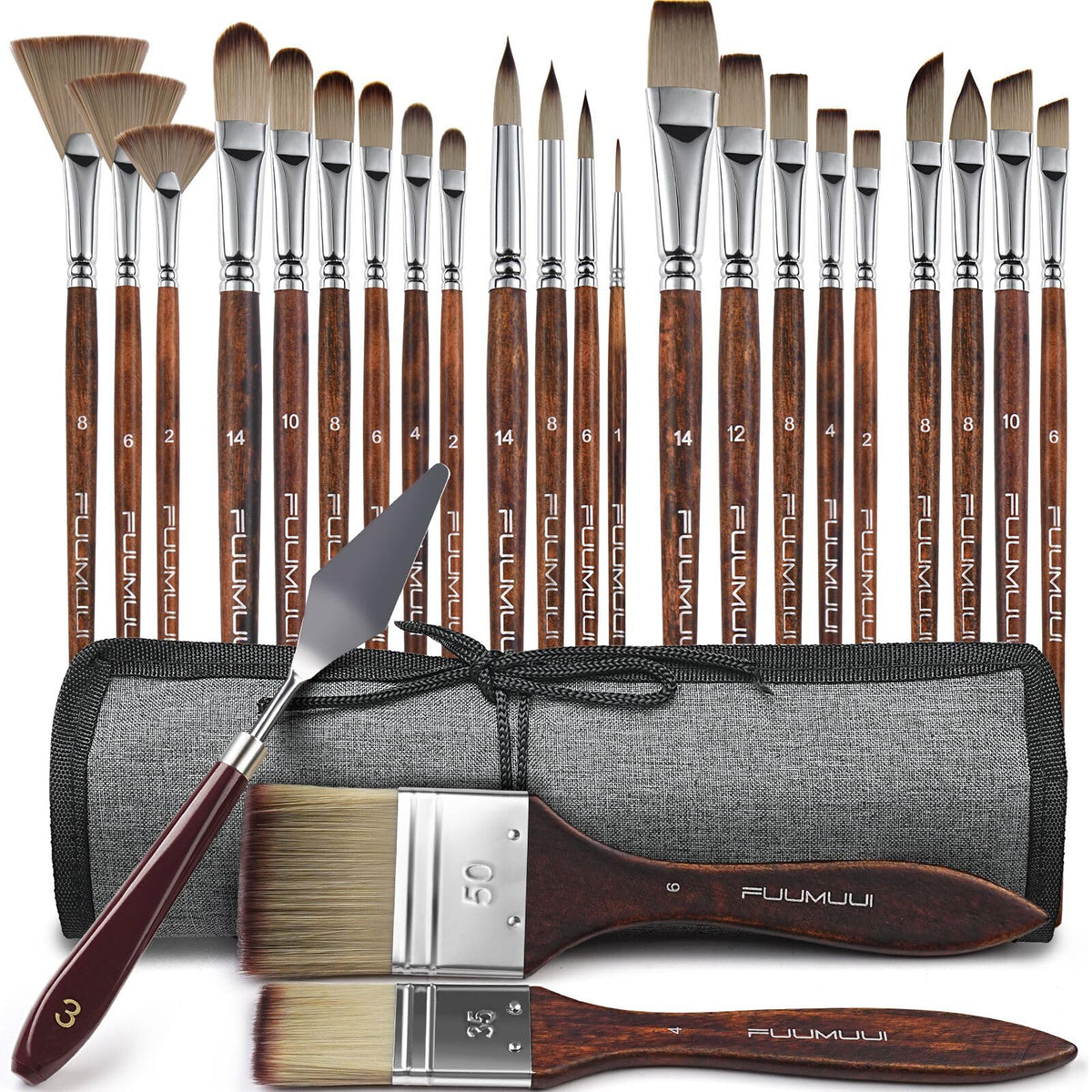 Fuumuui 25pcs Paint Brush Set, Professional 9 Shapes with Wide Flat, Filbert, Fan, Dagger, Cat Tongue, Round, Angle, Rigger for Acrylic Oil Watercolor | Includes Palette Knife & Waterproof Canvas Roll