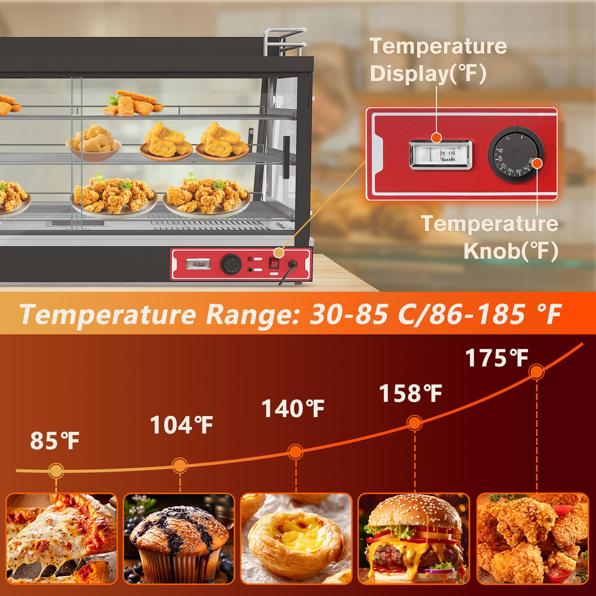 3-Shelf Commercial Food Warmer Display w/Top Rack, 44" Countertop Warmers Hot Box for Pizza/Pretzel/for Food Display, Heated Holding Cabinet Glass case, with LED Lighting for Buffet Restaurant