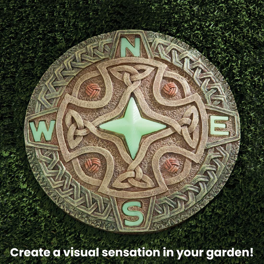 Bits and Pieces - Glow in the Dark Celtic Compass Garden Stone - Irish Garden Decor Yard Art Accent - 10" x 10" Round Durable Polyresin Stepping Pavers for Landscaping and Outdoor Pathways