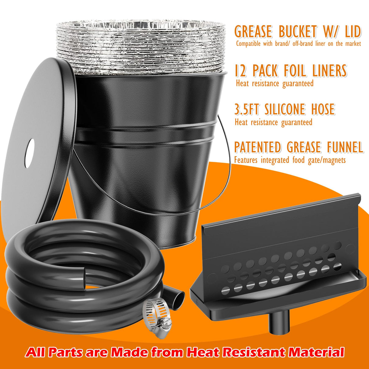 Rear Grease Drainage System for Blackstone Grease Catcher Upgrade, Blackstone Grease Trap Funnel with Grease Gate, Grease Bucket W/Lid, 12 Pack Foil Bucket Liners, Blackstone Griddle Accessories