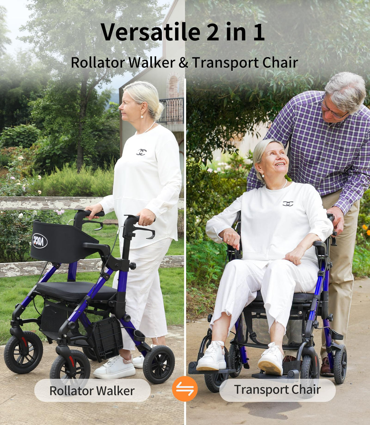 VOCIC Transport-Wheelchair-Lightweight-Foldable, Walker Wheelchair Combo, Rollator-Walkers-for-Seniors-with-Seat, 2 in 1 Rolling Walker, 300lb Adults 4 Wheel Transport Chair w/Brakes & Pouch-FSA HSA
