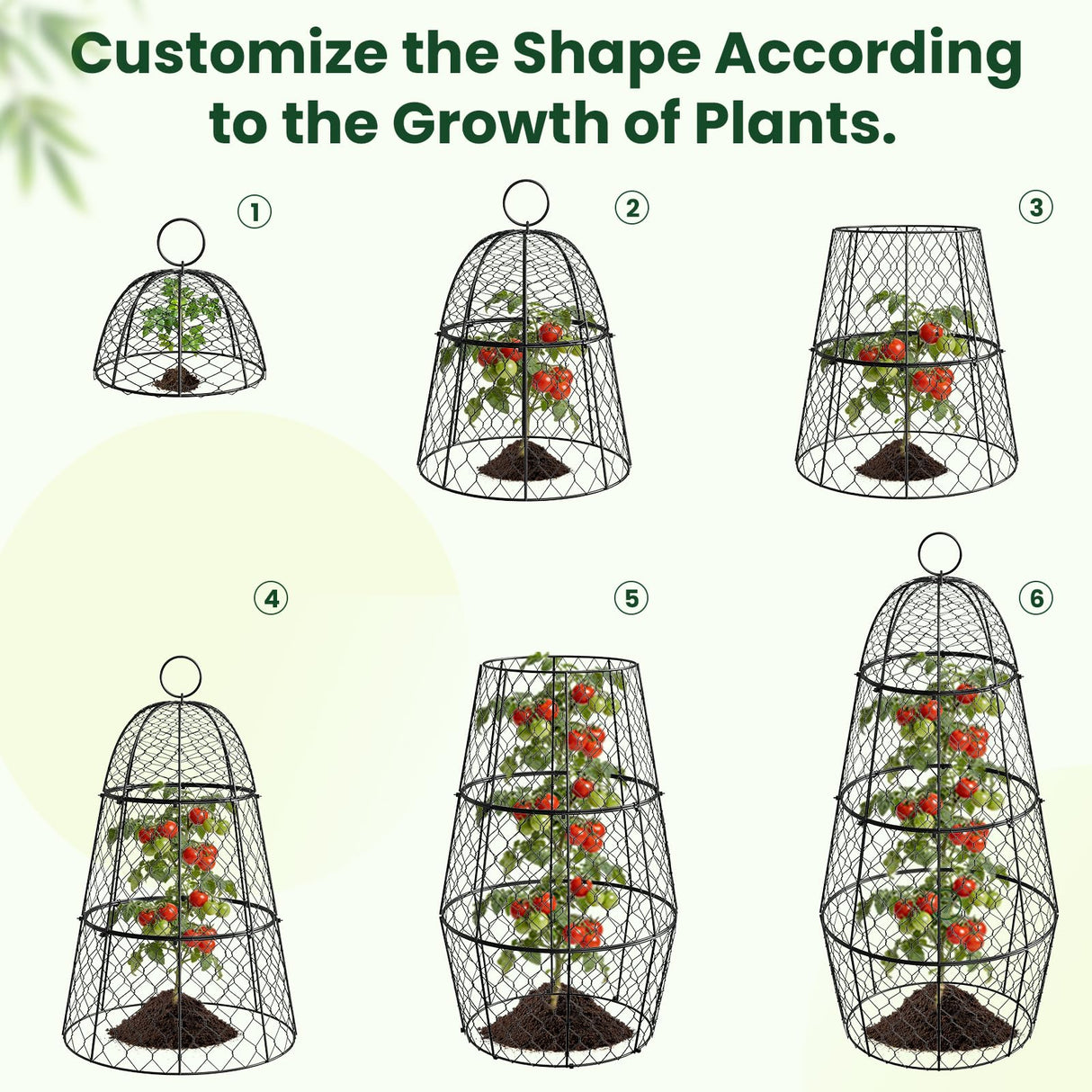6 Pack Garden Cloche Plant Protectors from Animals, Adjustable 3-Tier Chicken Wire Plant Cages for Outdoor Plants, Stackable Metal Garden Cloches Keep Rabbits, Squirrels & Birds Away, 17.3" x 11.4"