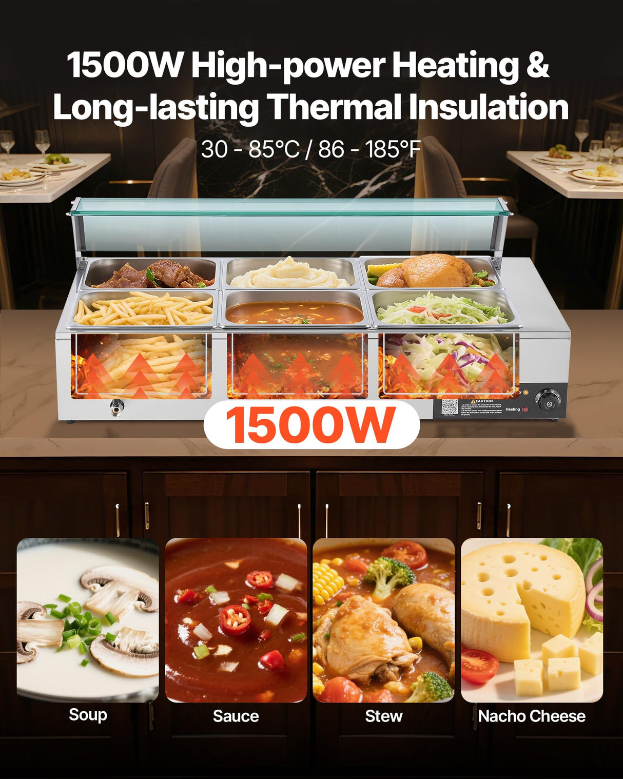 VEVOR Commercial Food Warmer, 1500W Electric Stainless Steel Steam Food Warmer with Glass Cover, 6 x 1/2 Size Pans Buffet Bain Marie with Soup & Perforated Ladles, for Catering, Restaurant & Party