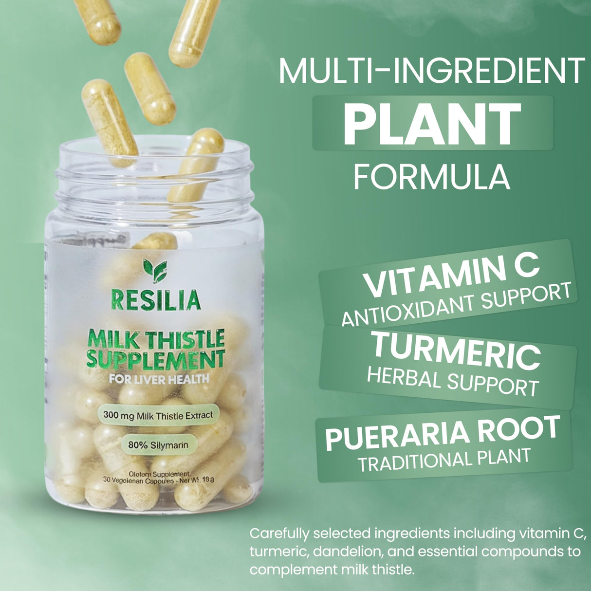 Resilia Milk Thistle Silymarin – 300 mg Supplement with Dandelion, Vitamin C, Inositol, Pueraria Root & Turmeric Extract, Antioxidant-Focused Plant Formula, 30 Vegetarian Capsules