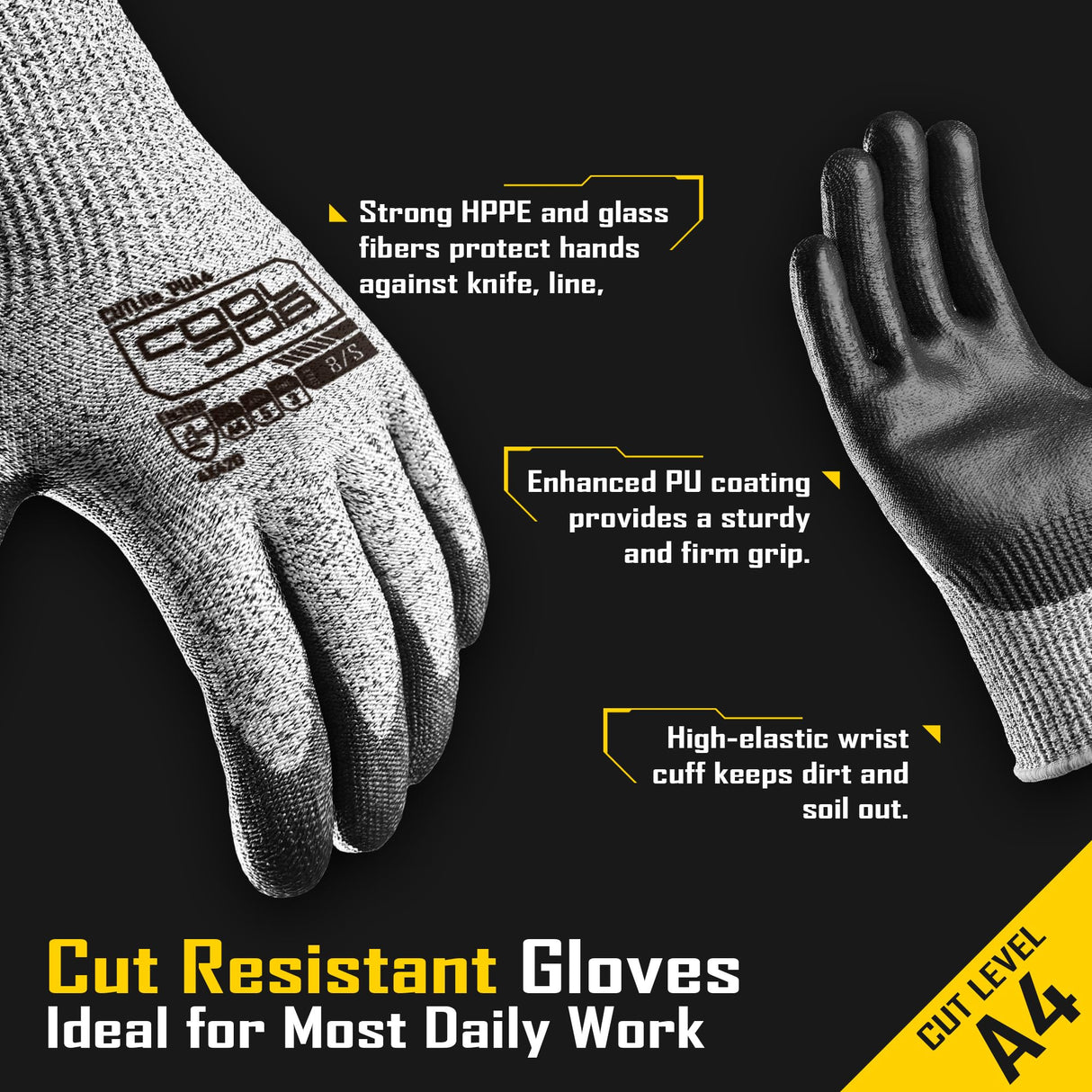 COOLJOB 12 Pairs A4 PU Cut Resistant Safety Work Gloves with Grip, L
