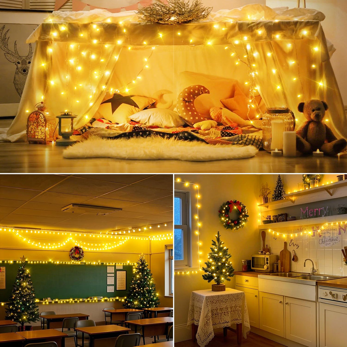 200 FT 500 LED Christmas Lights Outdoor Fairy Lights Plug In Extra Long String Lights Clear Wire Waterproof 8 Modes Timer for Outside House Tree Garden Yard Wedding Party Decorations-Warm White