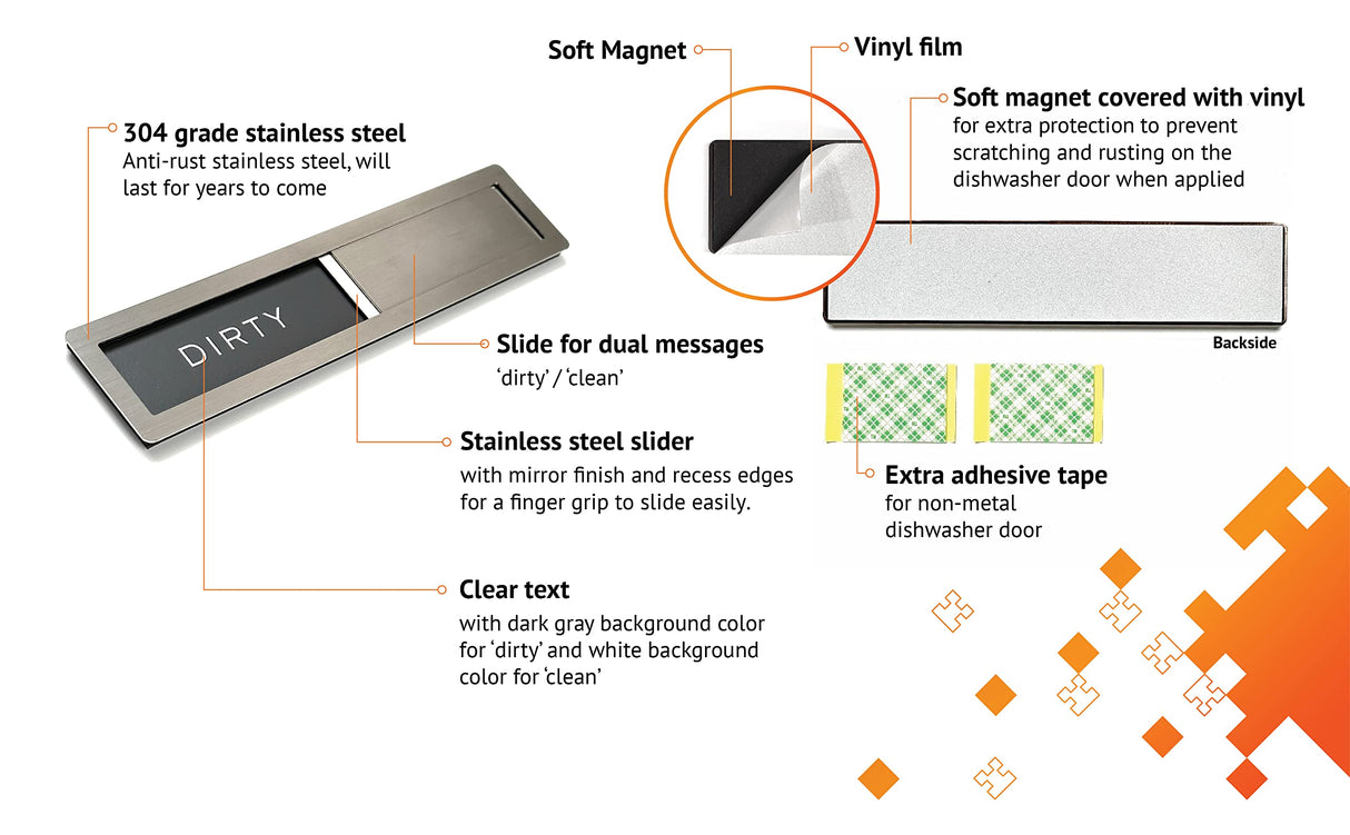 Clean dirty magnet for dishwasher, Kubik Letters Premium Stainless Steel Grade 304, Kitchen Organizers and Storage Decor Accessories, Extra Adhesive Tapes Included.