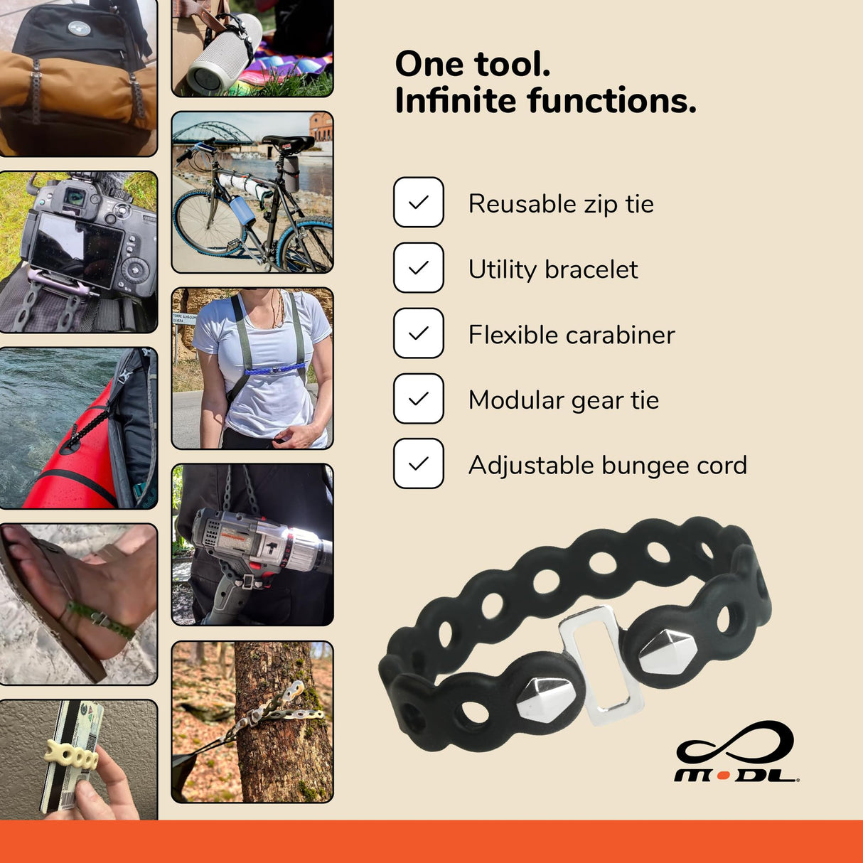 MODL Infinity Tool™ 2.0 Modular Straps (4-Pack) - Flexible Multi-Tool, Utility Bracelet, Gear Strap, Wearable Gadget for Outdoor Adventure, Survival, Camping, Travel, EDC (Black)