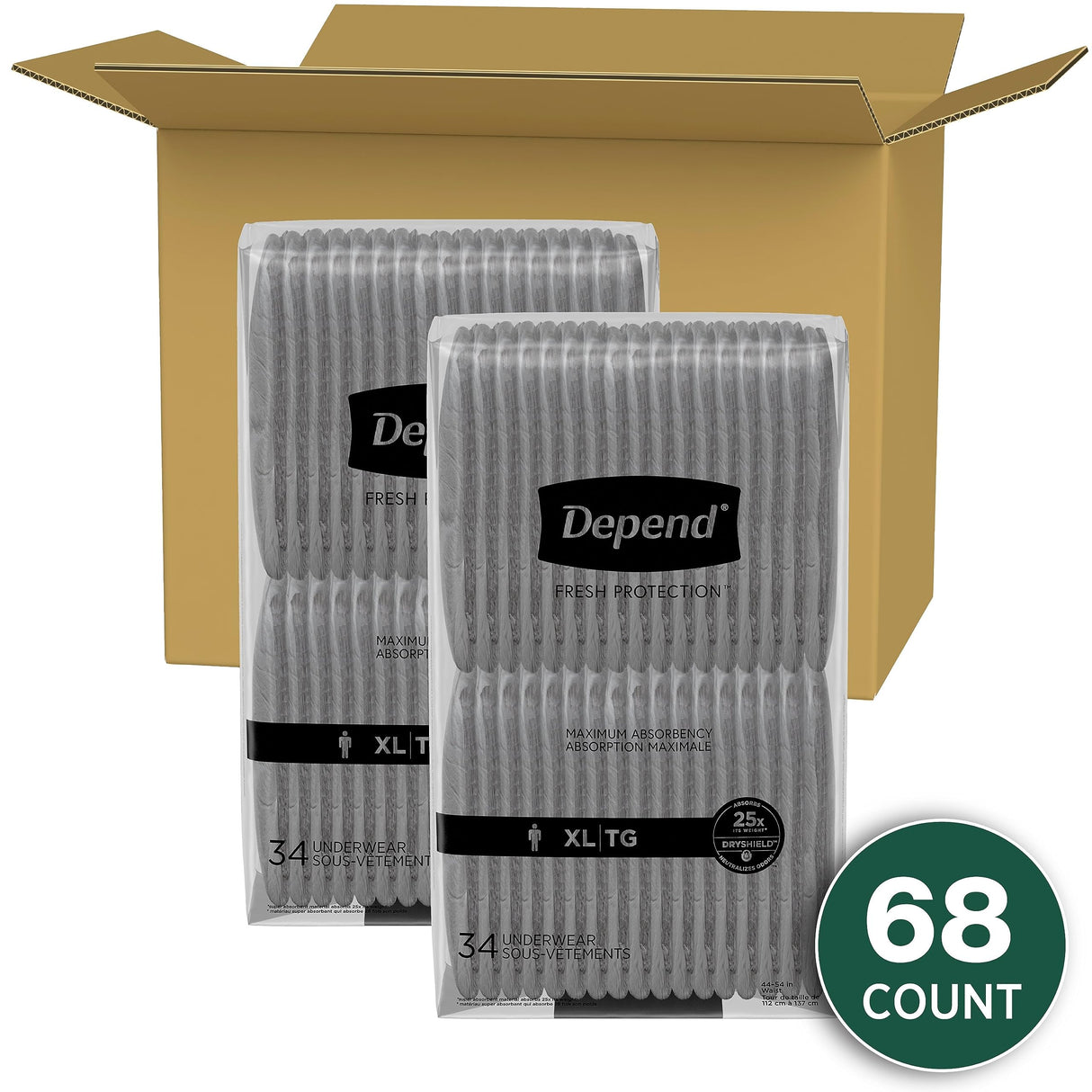 Depend Fresh Protection Adult Incontinence Underwear for Men, Disposable, Maximum, Extra-Large, Grey, 68 Count (2 Packs of 34), Packaging May Vary