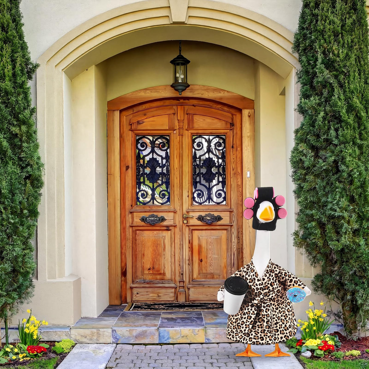 Shyyween Lady Porch Goose Outfit Leopard Print Bathrobe Goose Clothes with Curlers Coffee Cup for 23 Inch Cement/ Plastic Statue Outdoor Garden Yard Lawn Decoration
