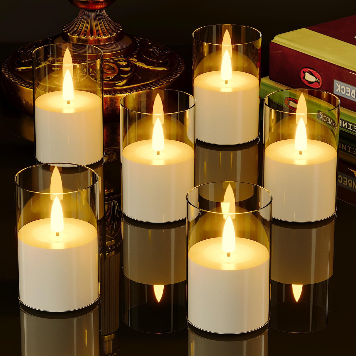 VIODAIM 6Pack Flickering Flameless LED Candles with Timer, Battery Powered - Small Pillar & Votive, Green (2"X3")