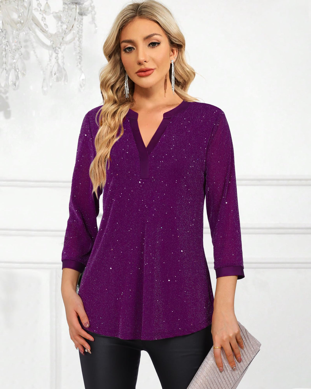Timeson Fall Tops for Women 2025: 3/4 Sleeve Sparkly - Christmas Outfits for Women - Business Casual Tops Holiday Dressy Cocktail Party Classy Blouses Fancy Tunics Flowy Loose Fitted Clothes Purple M