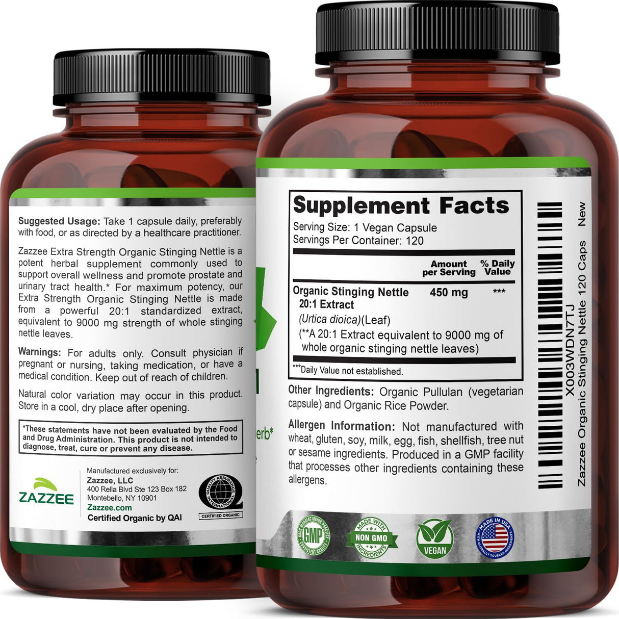 Zazzee USDA Organic Stinging Nettle 20:1 Extract, 9000 mg Strength, 120 Vegan Capsules, 4 Month Supply, Concentrated, Standardized 20X Extract, Certified Organic, 100% Vegetarian, All-Natural, Non-GMO