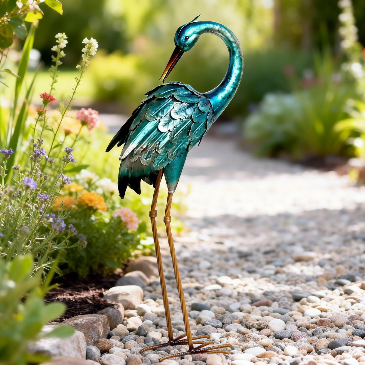 chisheen Crane Garden Statues, Metal Garden Crane Outdoor, Blue Heron Sculpture Metal Yard Art, Large Heron Decoy, Bird Statues, Lawn Ornaments for Backyard Pond Patio Porch Outside Decorations