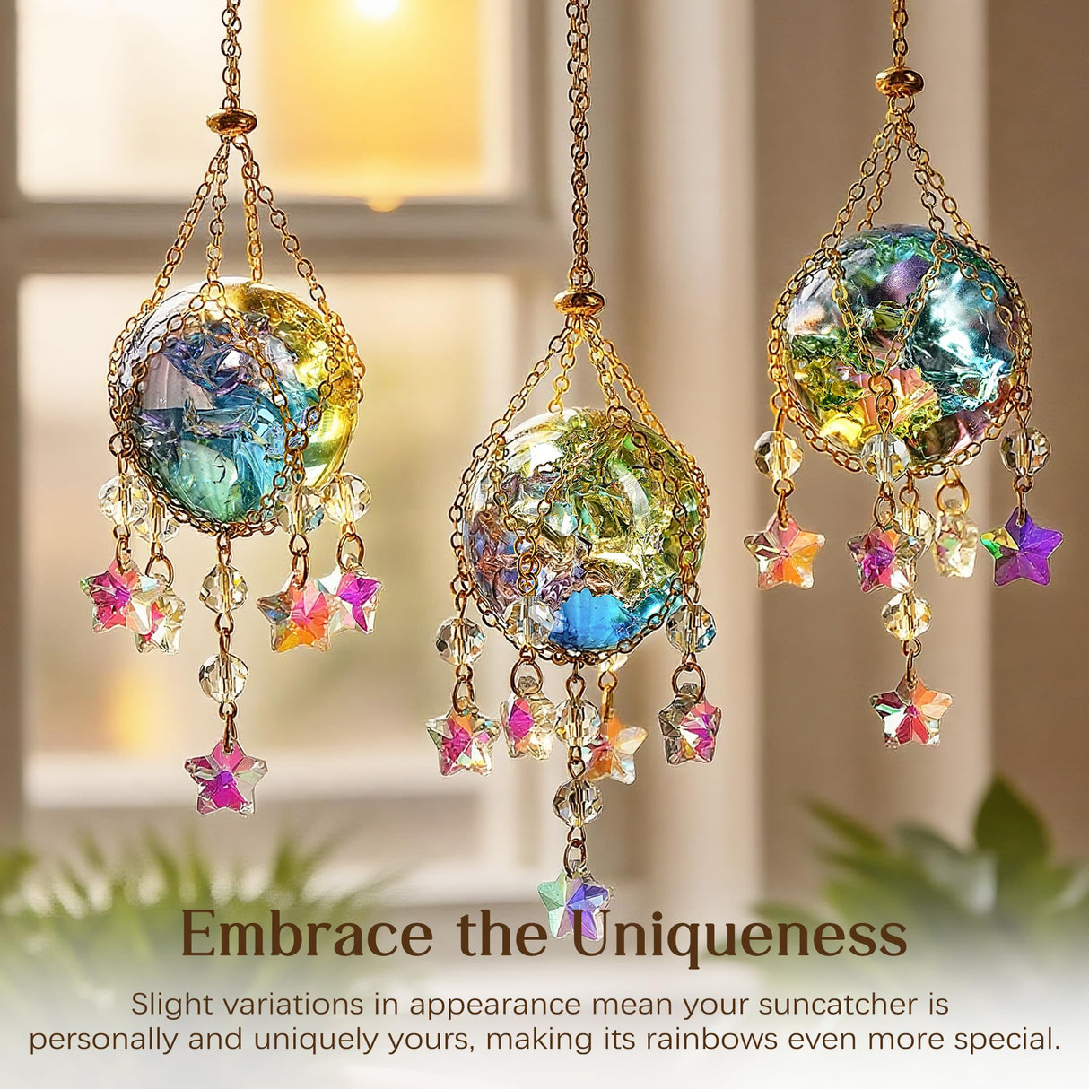 3 Pcs Crystal Suncatchers with 40mm Ice Cracked Ball Window Hanging Pendant