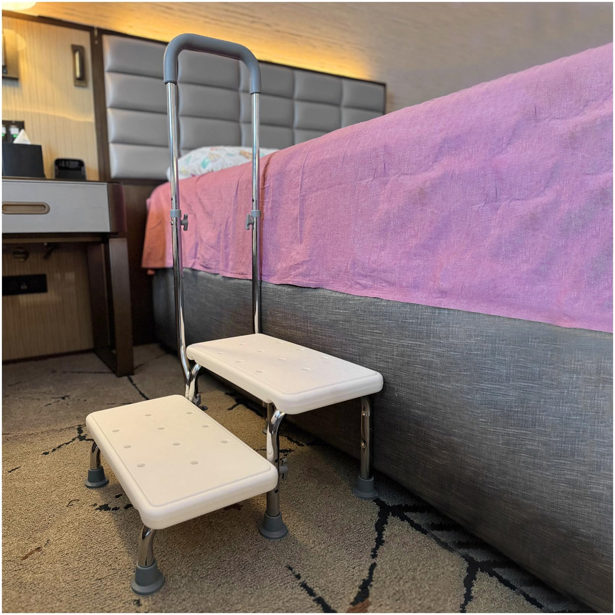 2 Step Stool with Handle for Elderly - Non-Slip Bedside Steps with Adjustable Handrail (450 lbs Capacity)