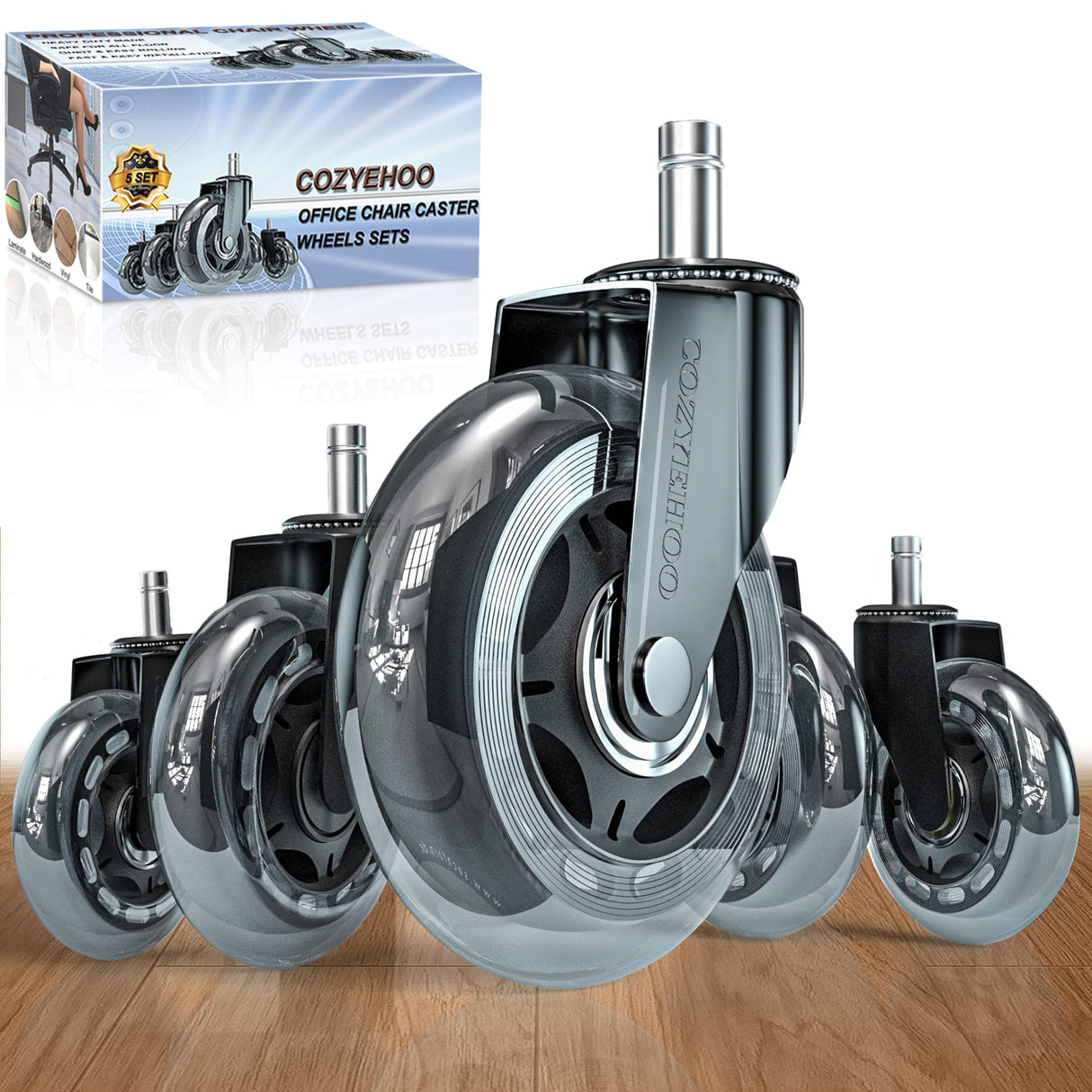 Office Chair Wheels Replacement, Transparent 3 Inch Heavy-Duty Computer Gaming Desk Rubber Casters,Smooth & Silence Gliding for All Floors Including Hardwood Carpet, Set of 5