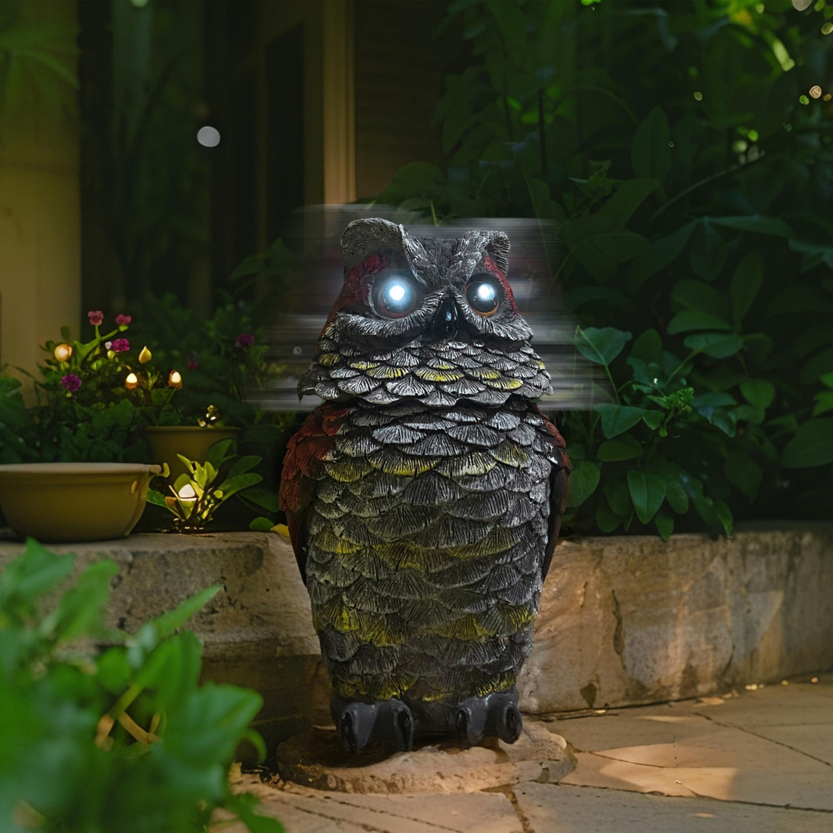 Owls to Keep Birds Away, Solar Owl Decoys to Scare Birds Away, Small Fake Owl for Bird Control, Resin Owls Outdoor Decor with Rotating Head and Lighted Eyes, Animal Deterrent for Outside, Garden