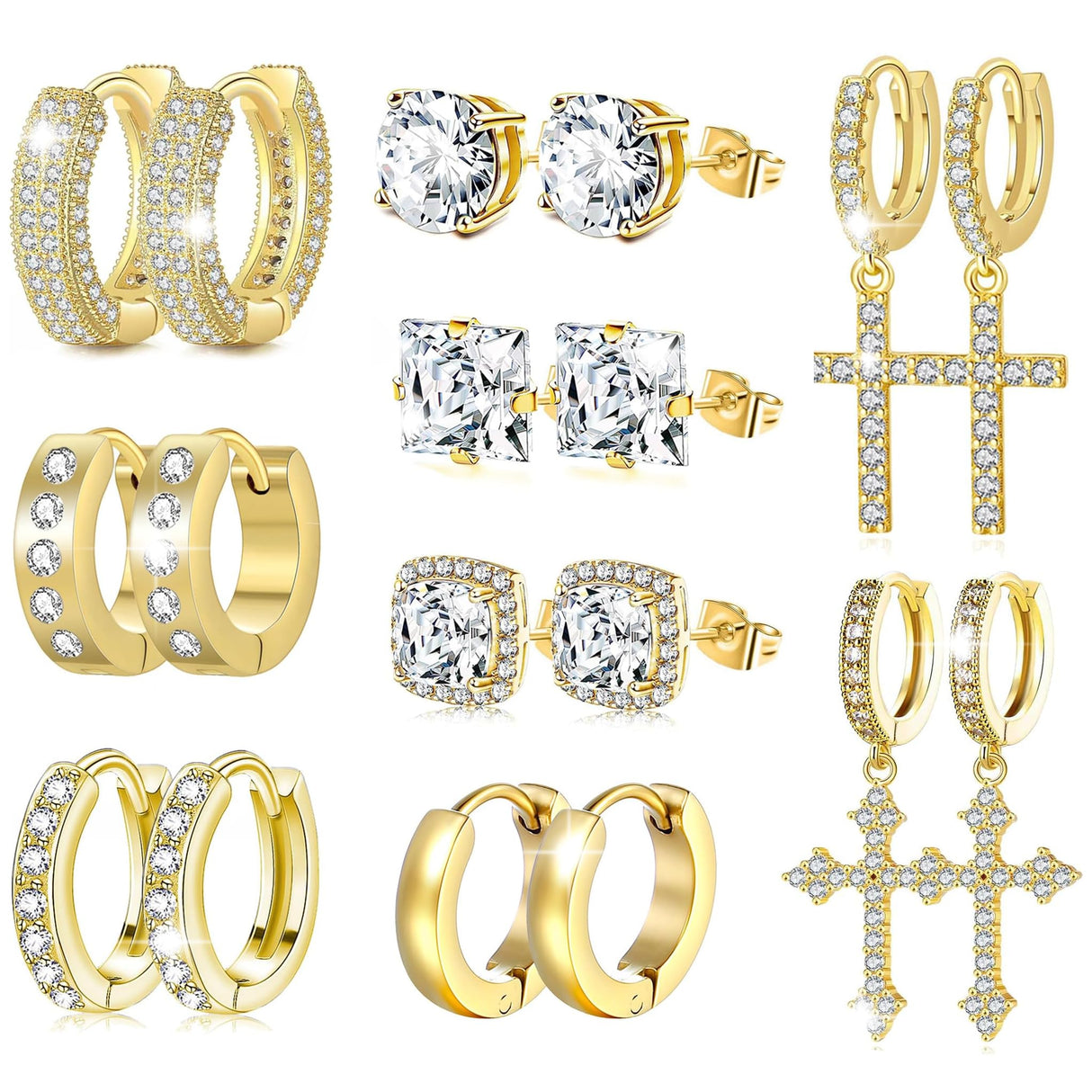 FEYIR 9 Pairs Earrings for Men Stainless Steel Small Hoop Earrings Hypoallergenic CZ Cross Dangle Earrings Cubic Zirconia Stud Earrings Huggie Men's Earrings Set