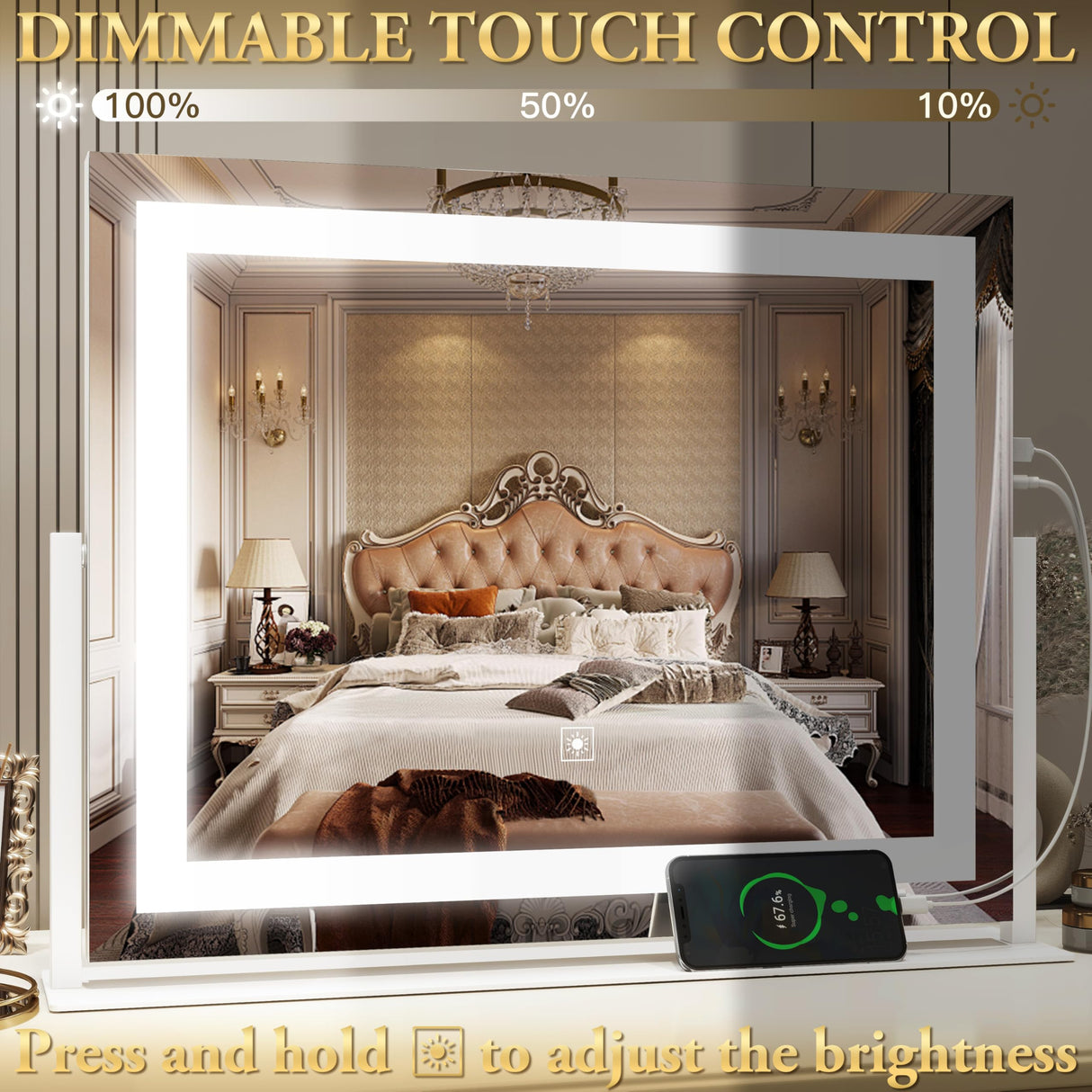 FENNIO Vanity Mirror with Lights 22''x18'' Makeup Mirror with Lights,Lighted Makeup Mirror with 10X Magnification and USB,Smart Touch Screen with 3-Color Lighting,Dimmable(Square White)