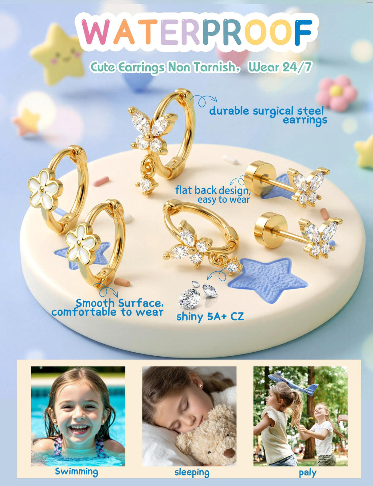 SAILIMUE Hypoallergenic Flat Back Earrings for Girls Women - Cute Toddler Kids Earrings Set Surgical Stainless Steel Earring for Sensitive Ears Small 14K Gold Plated Stud Hoop Earring Stacks