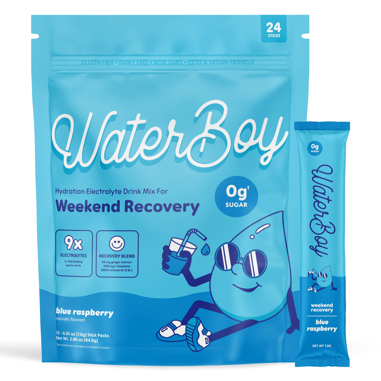 Waterboy Weekend Recovery | 3,200mg Electrolyte Powder Packets | Ginger + L-Theanine + Vitamins | No Sugar, All Natural, Gluten Free | 24 Drink Stick Mixes (Blue Raspberry)
