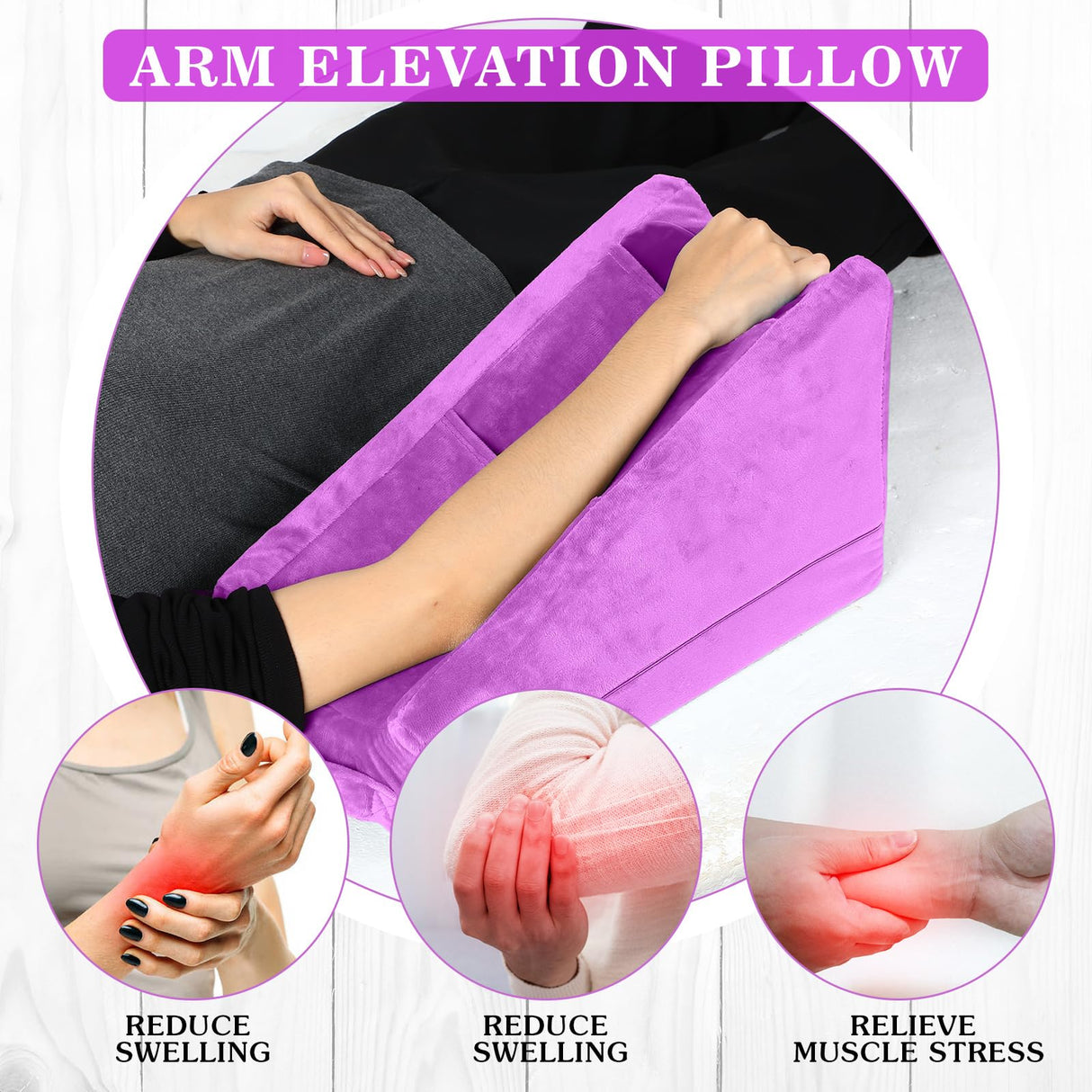Buryeah Arm Elevation Pillow with 2 Pockets, Soft Ergonomic Support Pillow for Elbow Rest Wedge Broken Arm Gifts with High Density Foam for Recovery Sleeping(Violet)