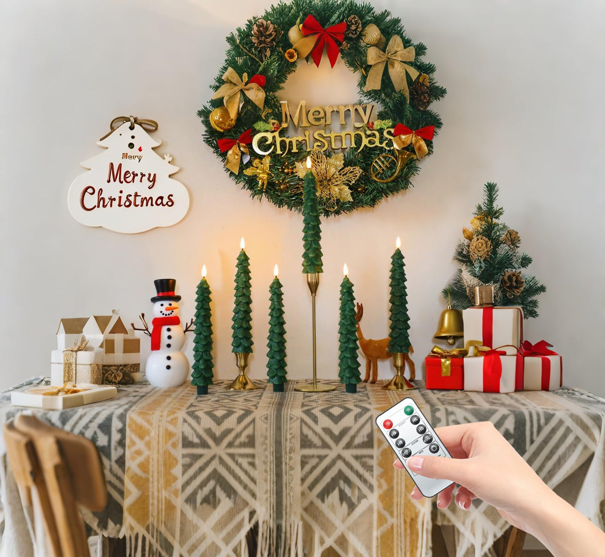 Fo32won Christmas Tree Shaped Flameless Candlesticks Battery Operated with Remote and Timer, Set of 4 Real Wax LED Taper Candles with 3D Flickering Wick for Christmas Decoration Gift