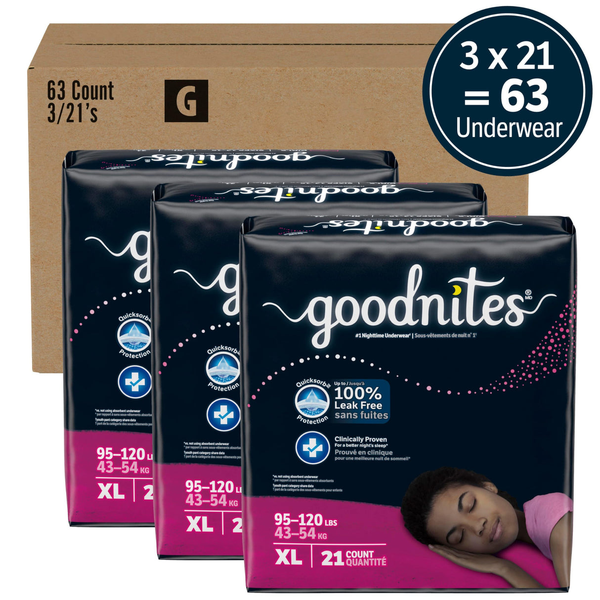 Goodnites Girls' Nighttime Bedwetting Underwear, Size Extra Large (95-120 lbs), 63 Ct (3 Packs of 21), Packaging May Vary