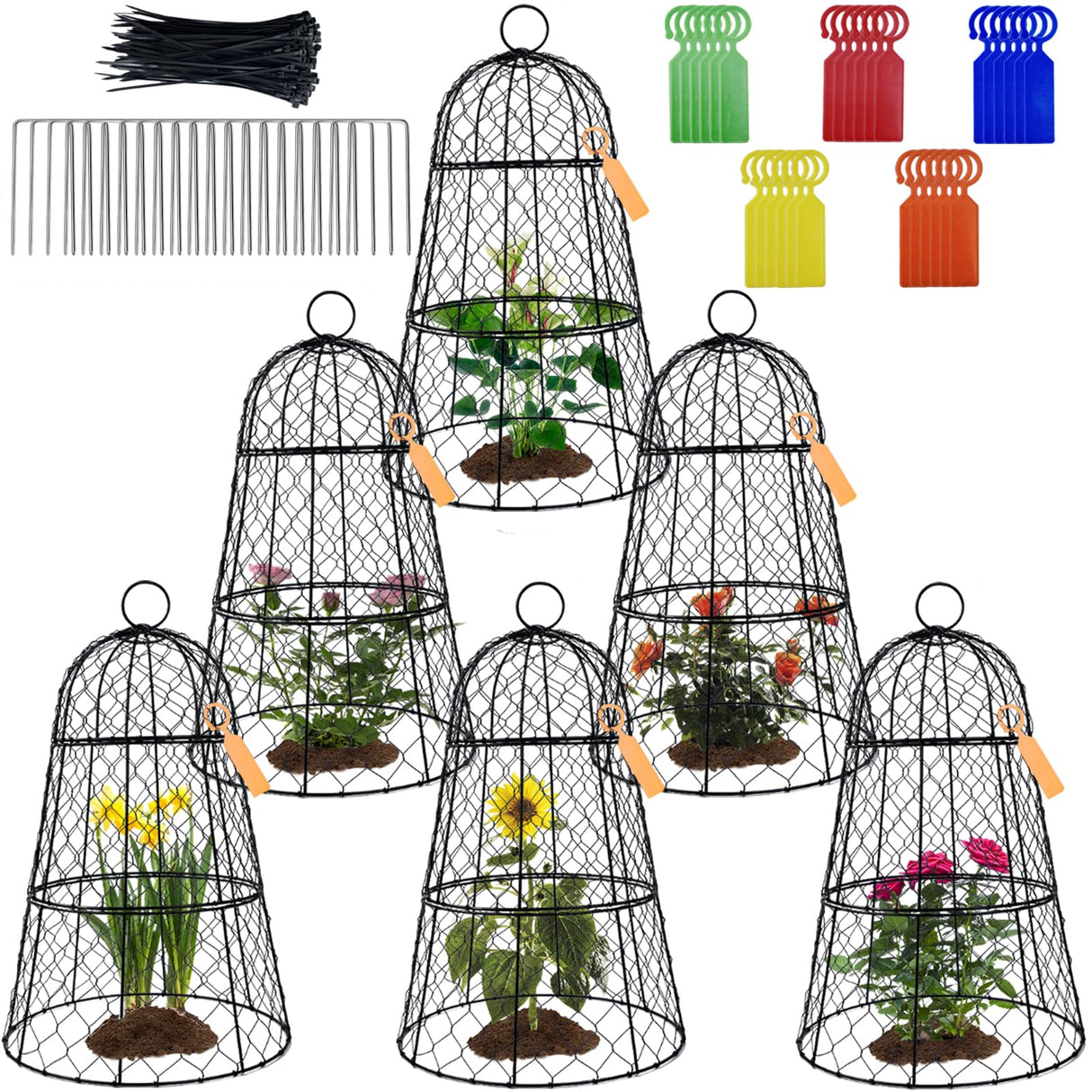 6 Pack 11.4" D x 17.7" H Garden Cloches for Plants,Rustproof Chicken Wire Cloches Flip-Top Design,Upgraded Triple Combination,Plant Protectors from Animals,Ideal for Outdoor Plant Protection