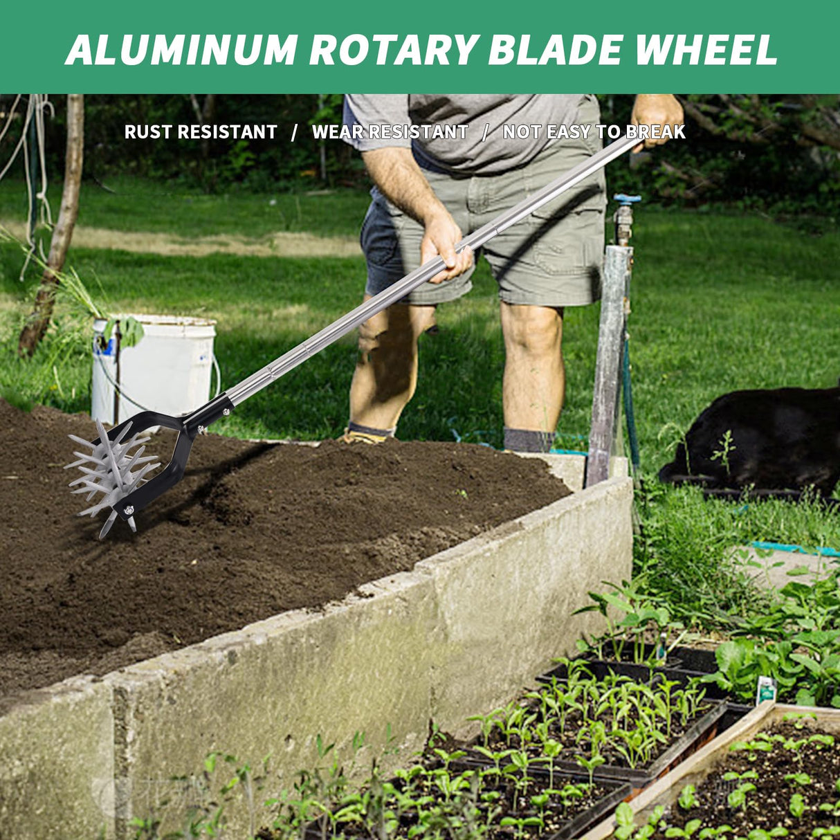 BARAYSTUS Rotary Cultivator Garden Tool, Adjustable Hand Tiller, Long Handle Cultivator for Aerating, Planting and Mixing Soil or Reseeding Grass