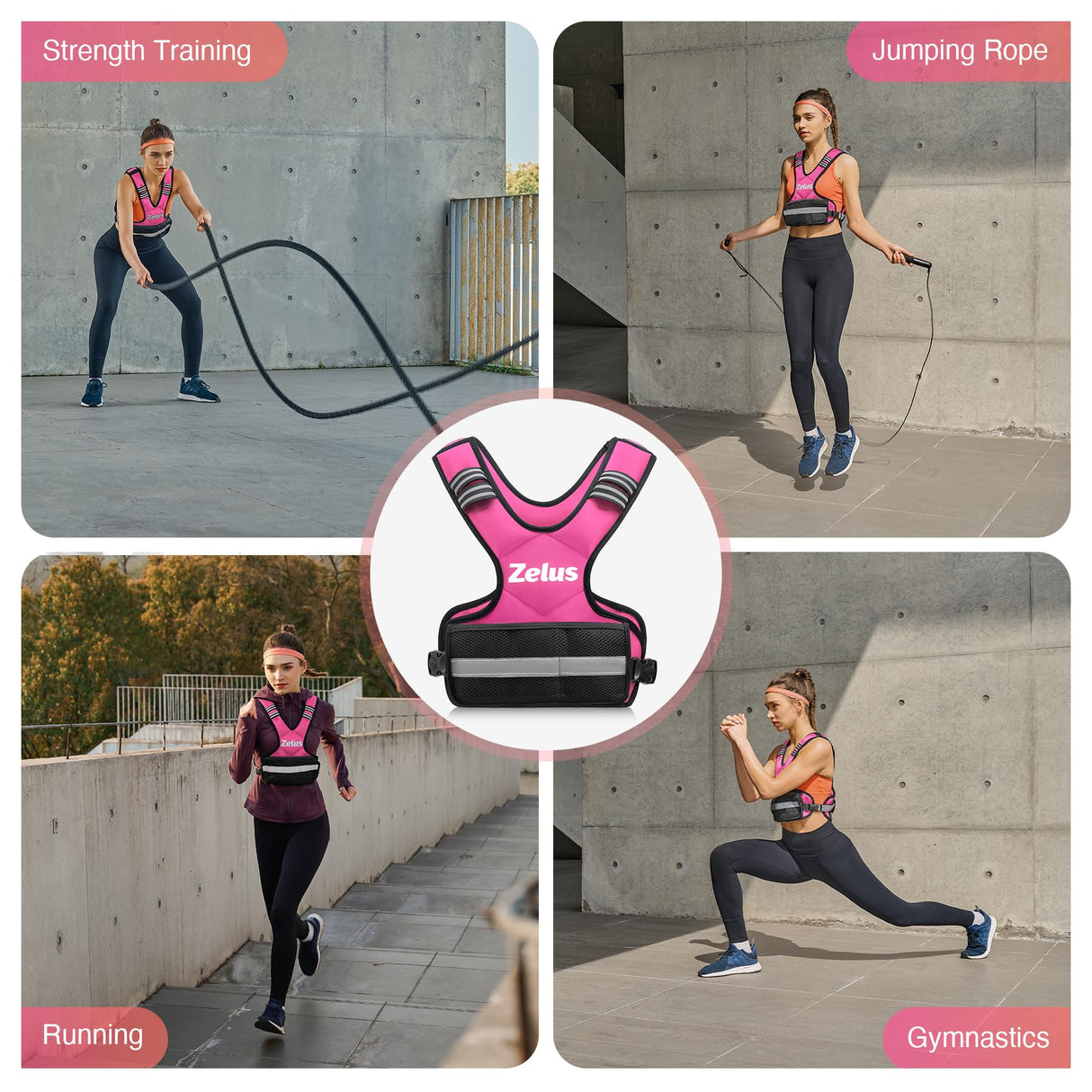 ZELUS Weighted Vest for Men and Women, Adjustable Body Weight Vest Exercise Set for Workouts, 4-10lb/11-20lb/20-32lb with 6 Ironsand Weights for Cardio Strength Training Walking Jogging, 4-10lb. Pink