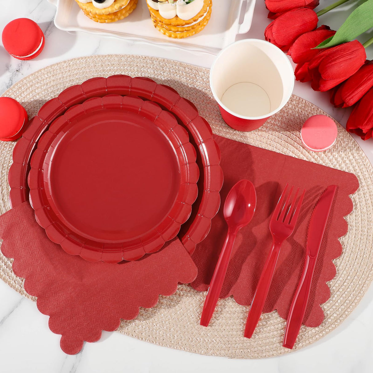 Xiangqu 175 Pcs Red Plates and Napkins, 25 Guest Red Party Supplies Include Christmas Plates and Napkins Cups Plastic Spoons Forks Knives for Birthday, Christmas, Picnic
