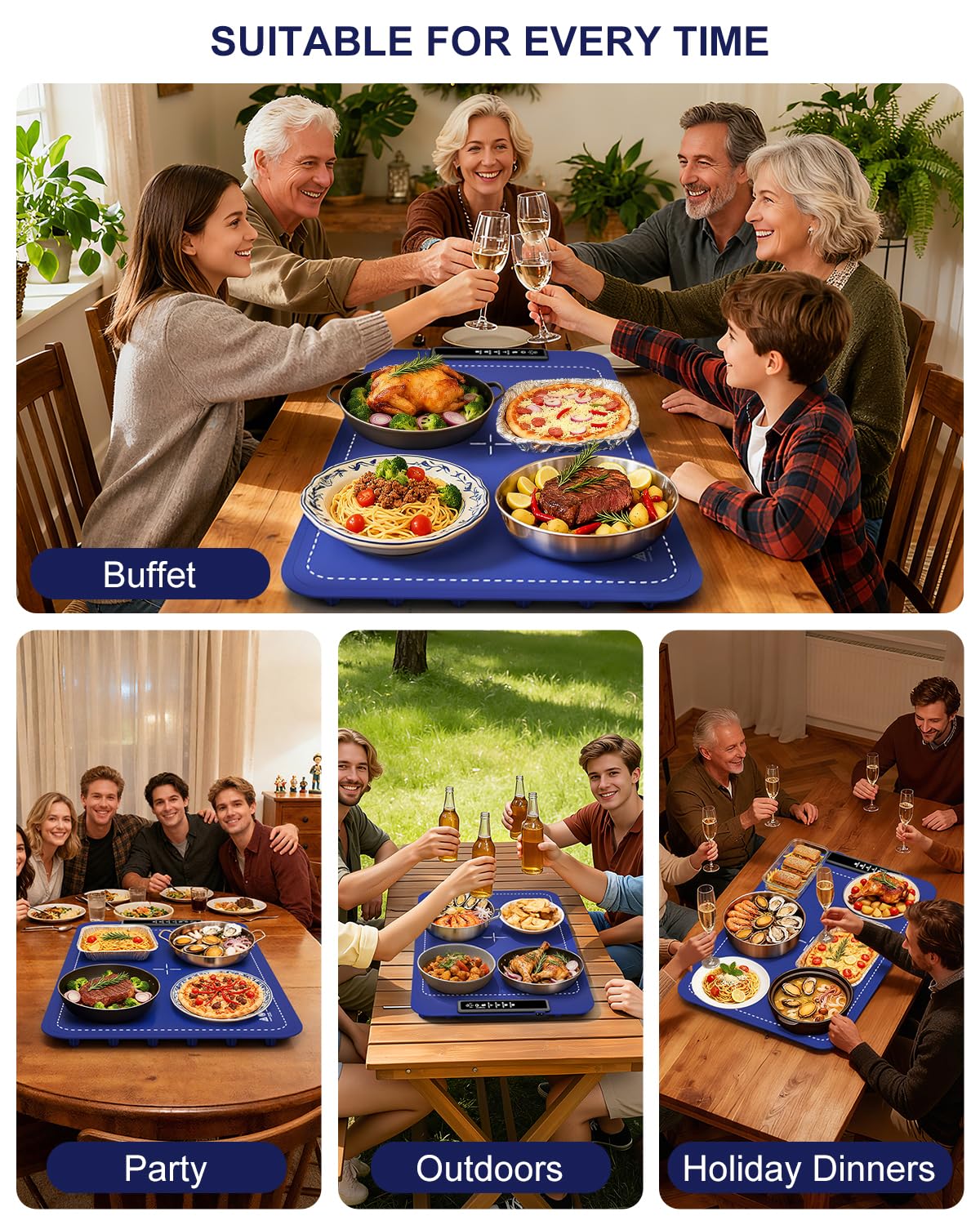 Warming Mat for Food, Electric Warming Tray for Dishes, Portable Heating Pad with 6 Hours Shut-Off, Silicone Food Warmer for Buffet, Party and Countertop with 4 Temperature Levels and Smart Timer
