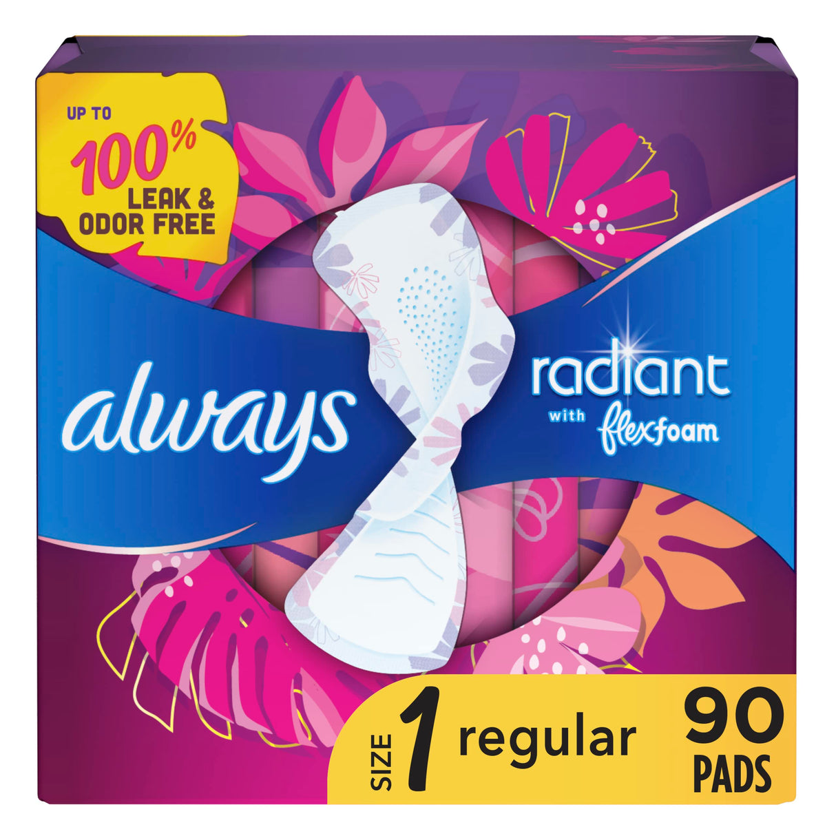 Always Radiant Feminine Pads for Women, Flexfoam Pads with Wings, Size 1, Regular Absorbency, Lightly Scented, 90 Count (Packaging May Vary)