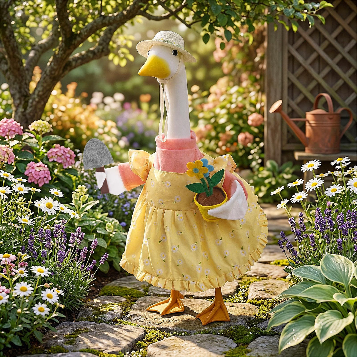 Erythem Gardener Porch Goose Outfits, Cute Spring Porch Goose Clothes with Straw Hat, Shovel & Flower Pot Fits 23" Cement Plastic Geese Statue for Outdoor Garden Yard Decor