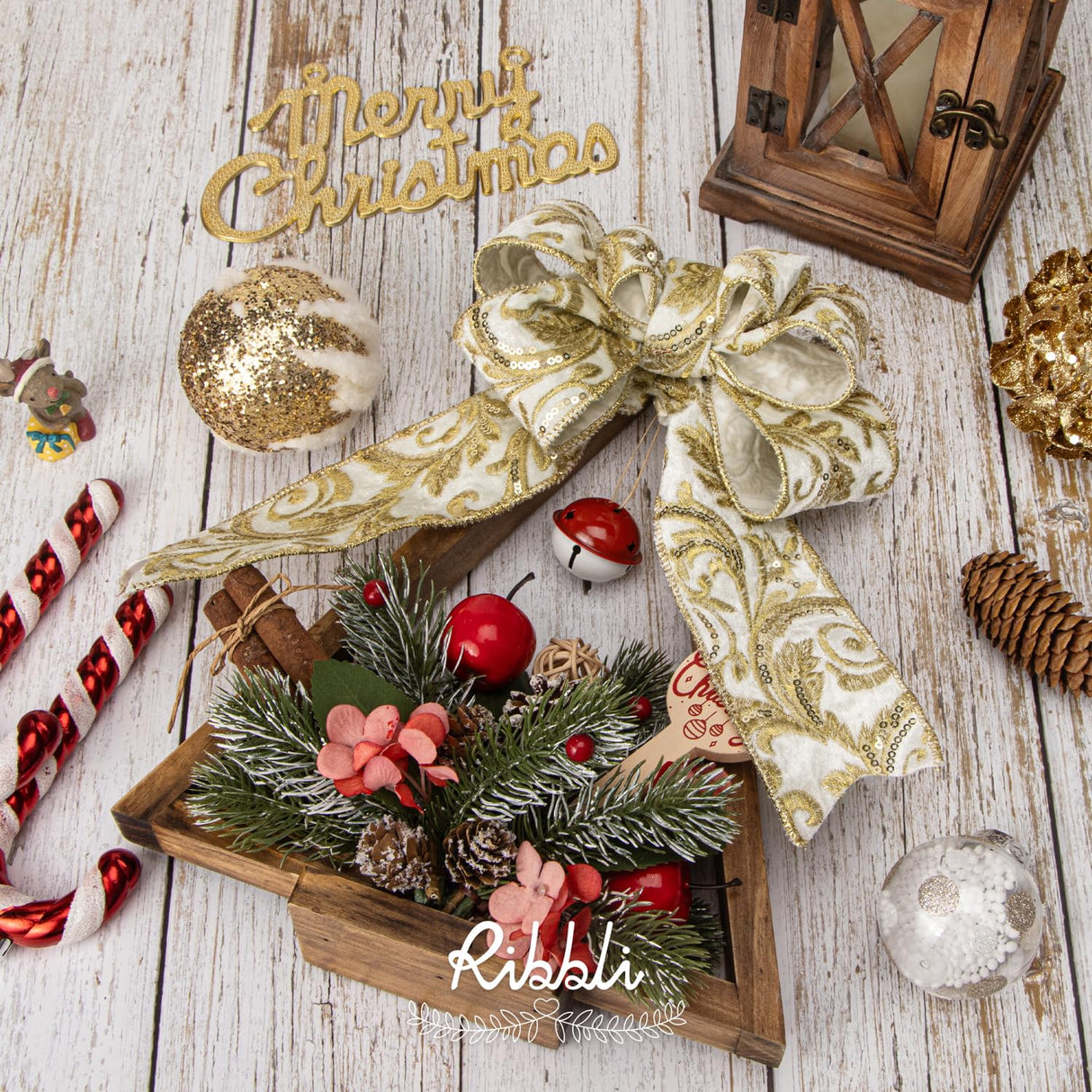 Ribbli Ivory Luxe Velvet Wired Ribbon with Embroidery Design 2.5 Inch Christmas Ribbon for Gift Wrapping Christmas Tree Decoration Crafts Wreaths Supplies-Continuous 5 Yards